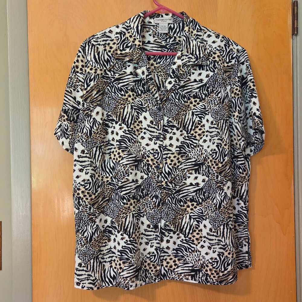Vintage Notations Button Up Short Sleeve Top Animal Print Size 1X Maximalist 90s